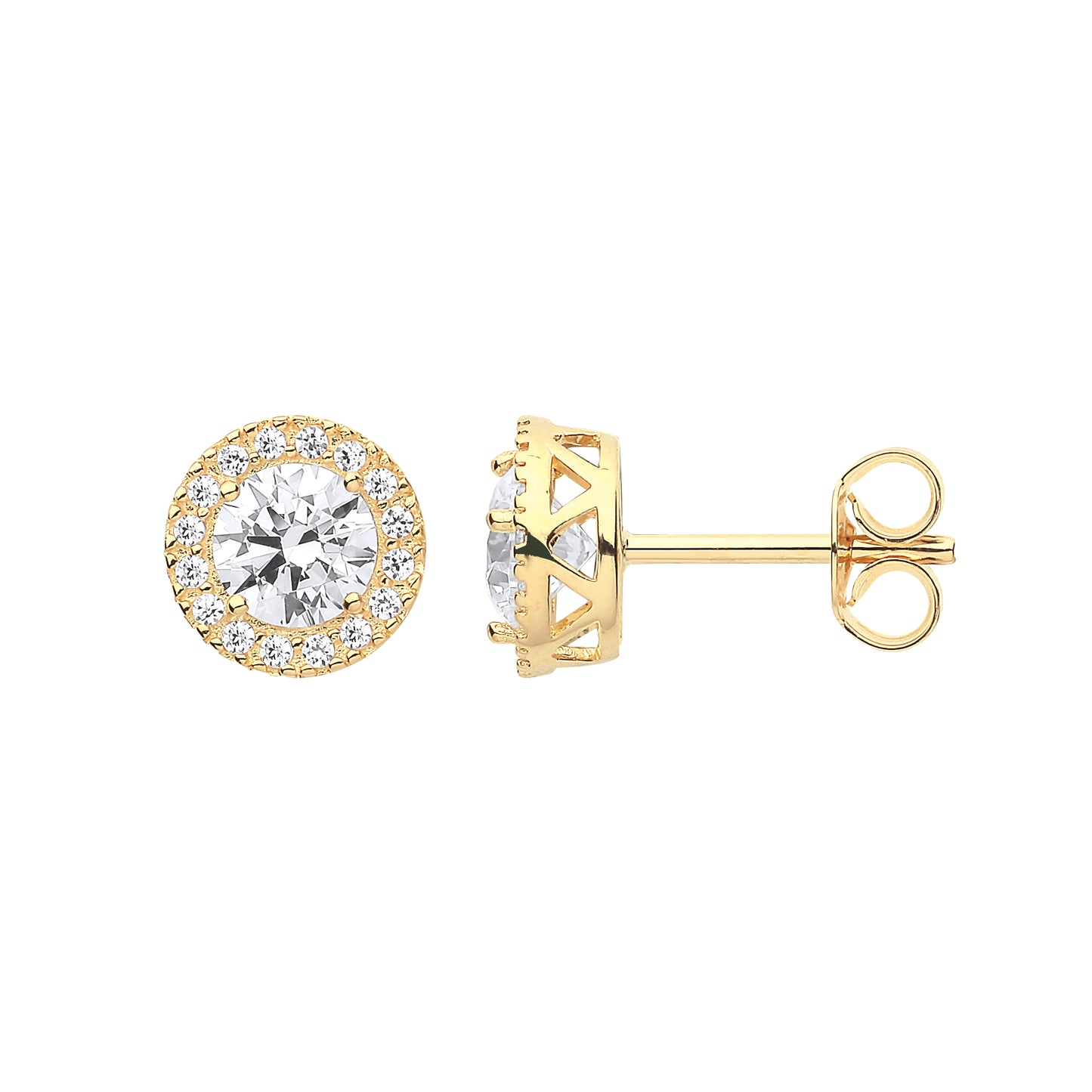 Gold 8mm Round CZ Halo Stud Earrings