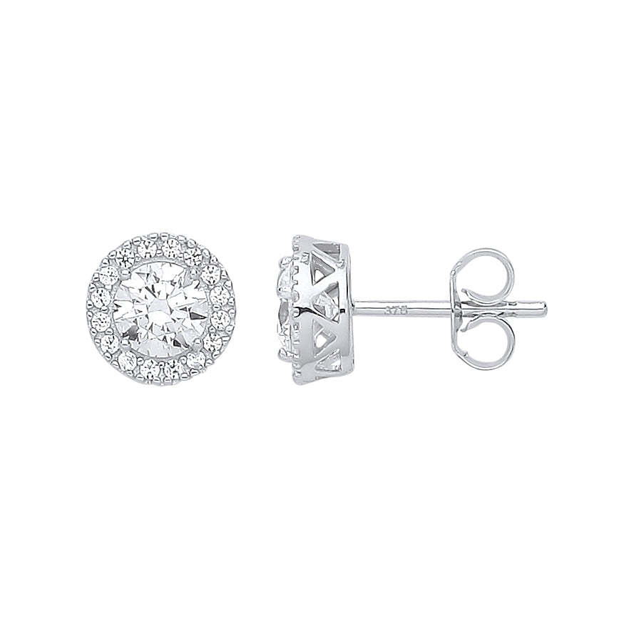 White Gold 8mm Round CZ Halo Stud Earrings