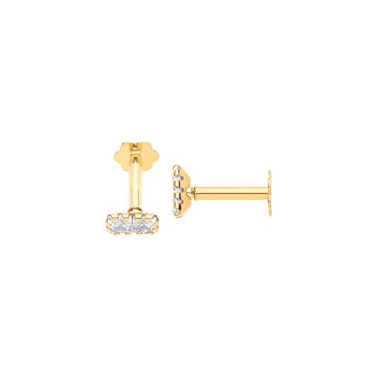 Gold 2 x Princess Cut CZs, Ear Cartilage Stud