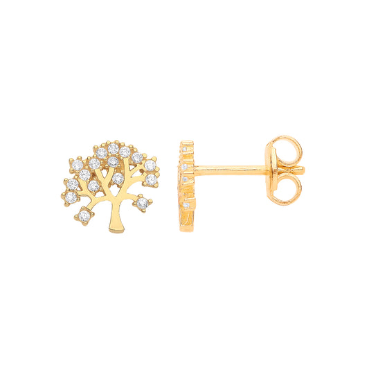 Gold Tree of Life Stud CZ Earrings