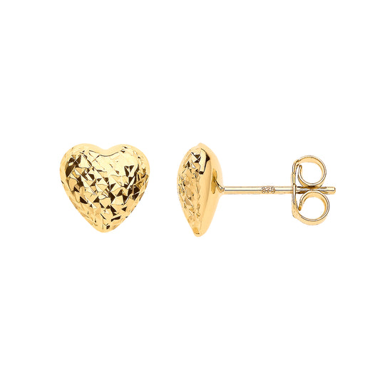 Gold Puffed D/C Heart Stud Earrings