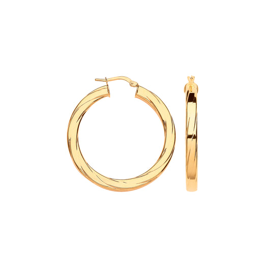 Gold 38mm Square Tube Ribbed Hoop Earrings