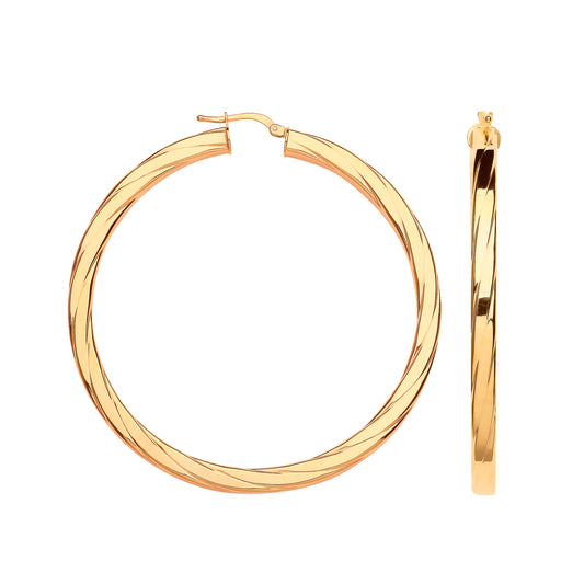 Gold 60mm Square Tube Ribbed Hoop Earrings